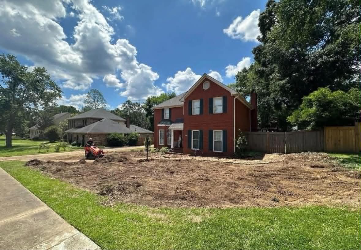 Landscape Installations project by Oakvera Outdoor Living in Central Mississippi. Full front yard taken down to dirt, new plantings set along the house and a pine straw path cut in.